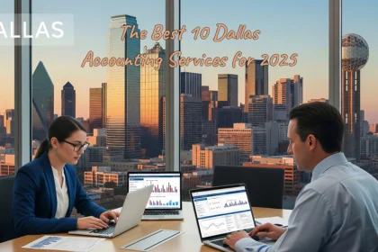 Dallas skyline reflected in a conference room where accountants review financial dashboards