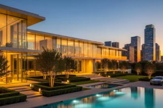 Exterior of a Dallas luxury home at sunset with pool, landscaping, and city skyline.