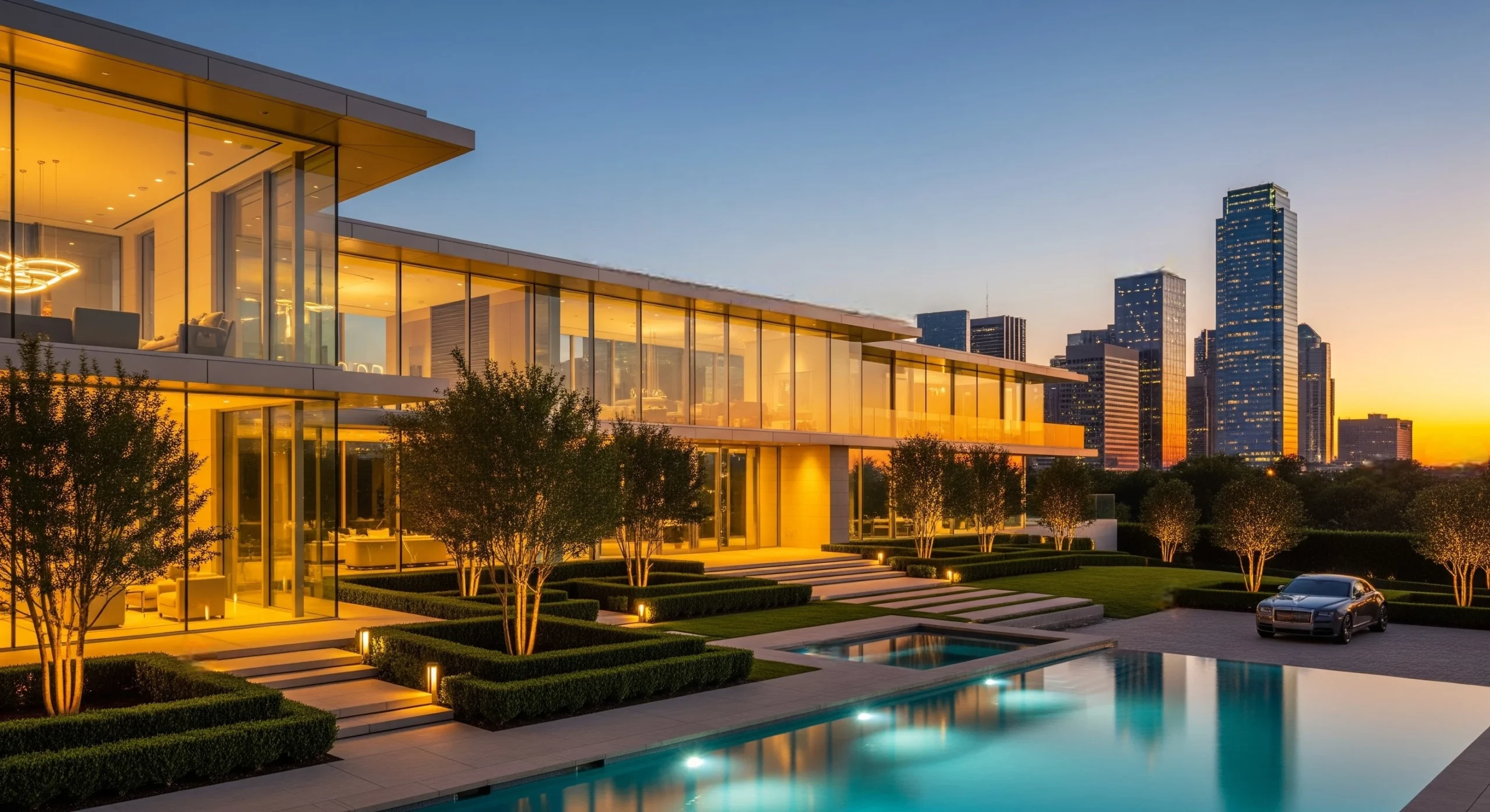 Exterior of a Dallas luxury home at sunset with pool, landscaping, and city skyline.