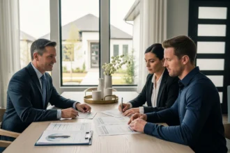 Dallas real estate agent reviewing pricing options with serious homebuyers at a dining table.