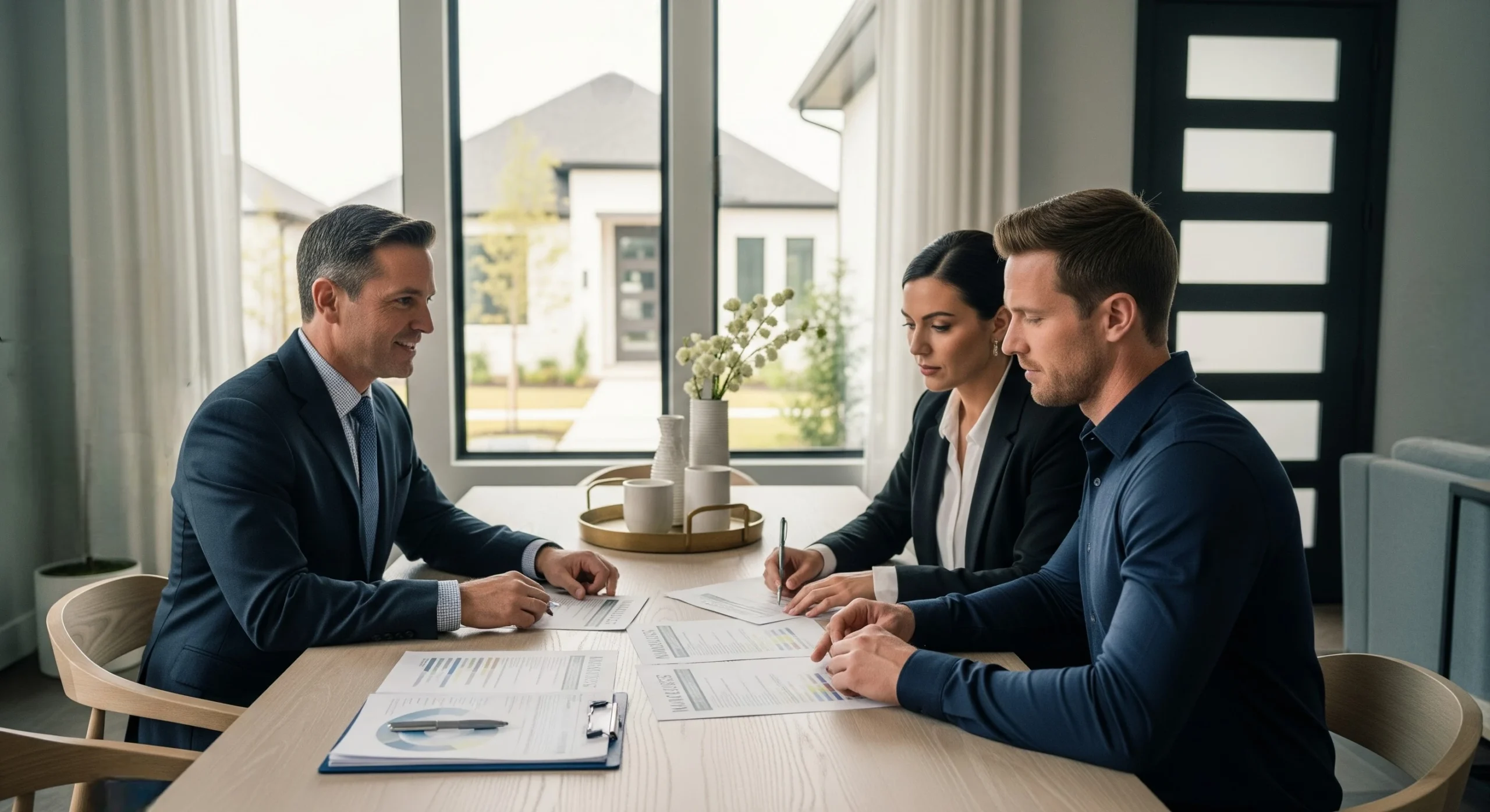 Dallas real estate agent reviewing pricing options with serious homebuyers at a dining table.