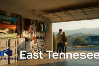 East Tennessee couple organizing outdoor gear in a spacious garage with built-in storage.