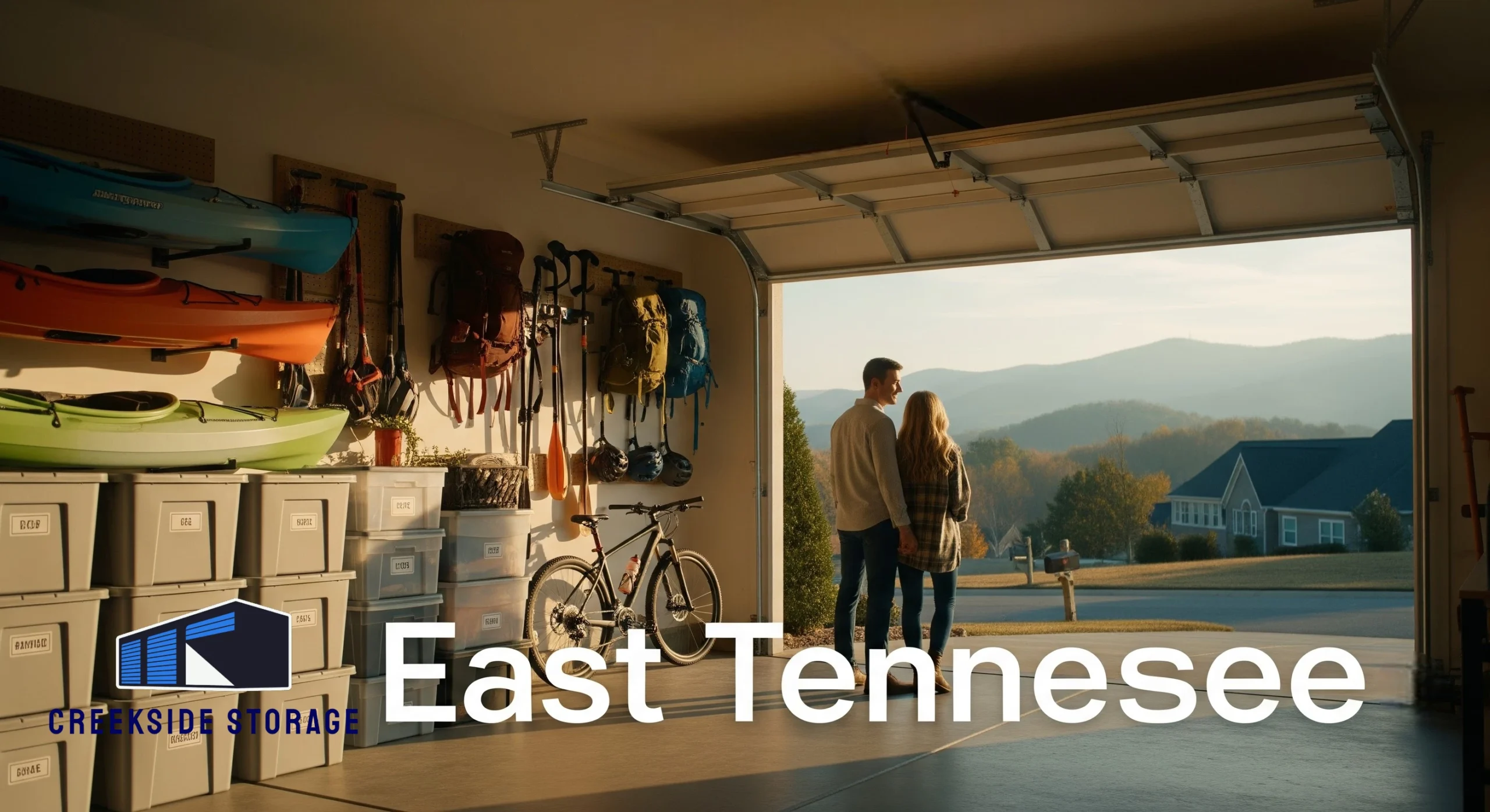 East Tennessee couple organizing outdoor gear in a spacious garage with built-in storage.