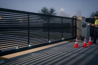 Technician testing a sliding electric gate with safety sensors at a Dallas home.
