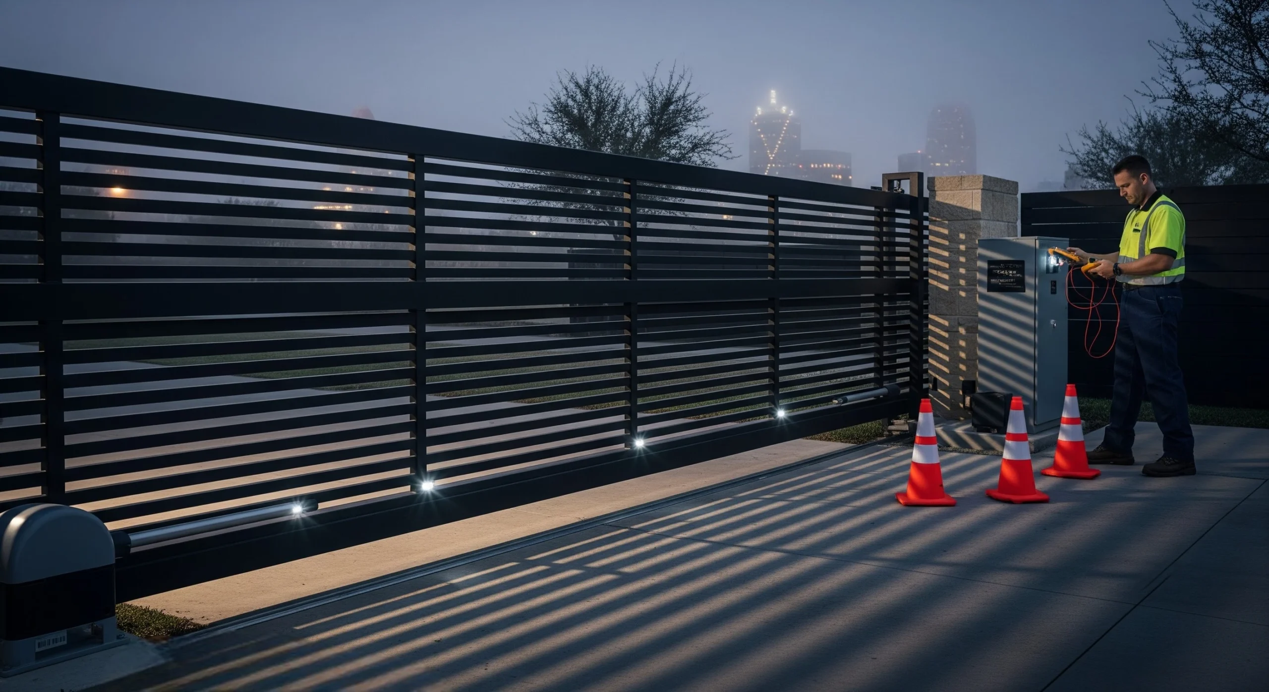 Technician testing a sliding electric gate with safety sensors at a Dallas home.