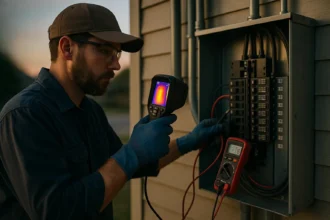 Licensed electrician using a thermal camera on an open residential breaker panel in Abilene, Texas.