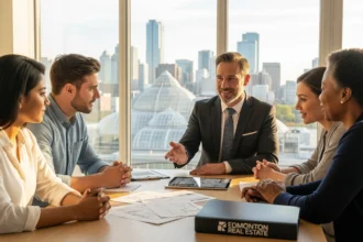 Experienced Edmonton real estate agent negotiating with homebuyers in a bright modern living room