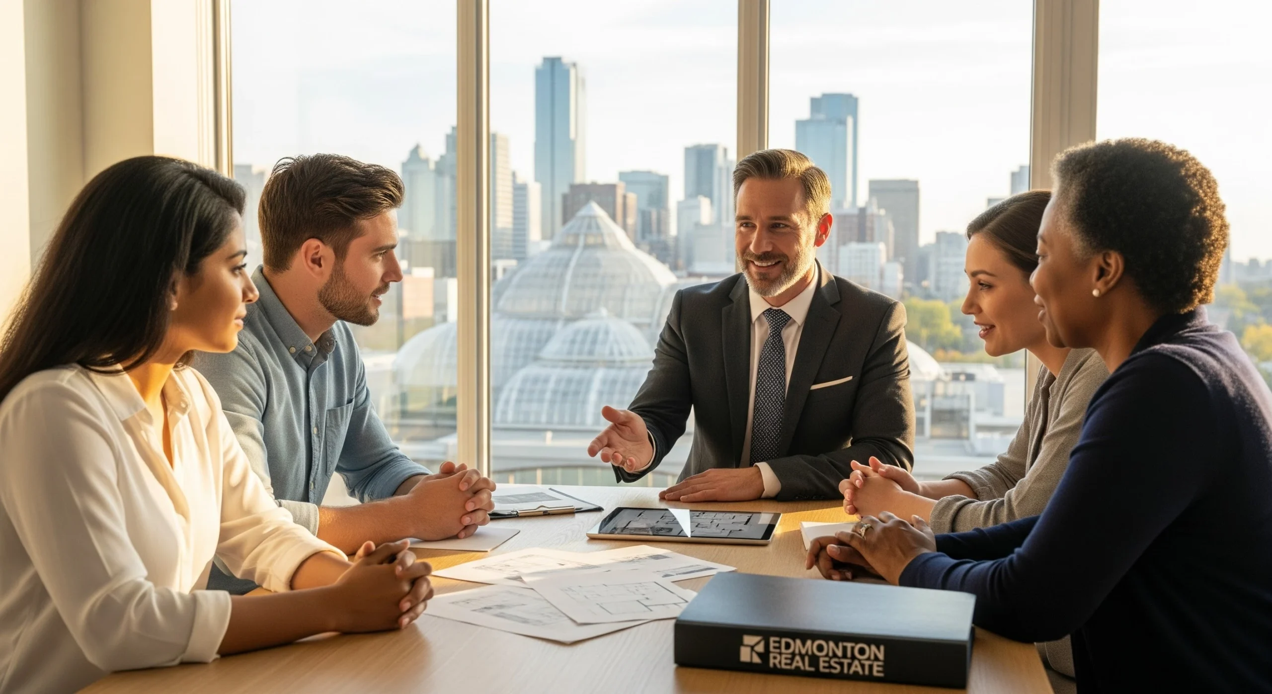 Experienced Edmonton real estate agent negotiating with homebuyers in a bright modern living room