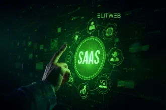 Hand touching a digital green interface with the word “SAAS” surrounded by tech icons and the label “ELITWEB” in the background