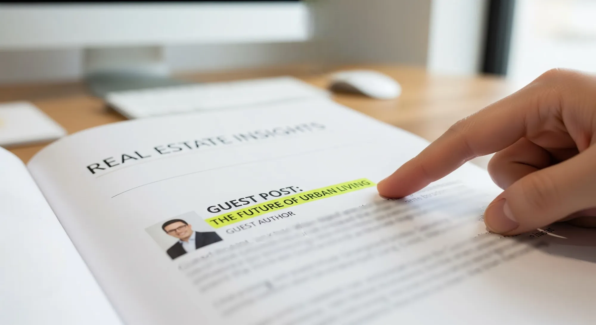 A hand pointing at a page in a magazine or book that features a guest post