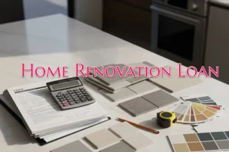 Renovation loan documents with calculator and material samples
