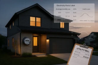Dallas home exterior with smart meter and utility bill graphics showing fixed-rate stability