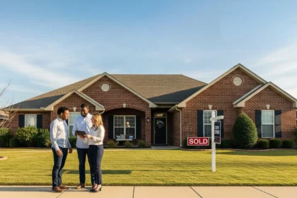 Huntsville homeowners reviewing a cash offer with a real estate agent in front of their house.