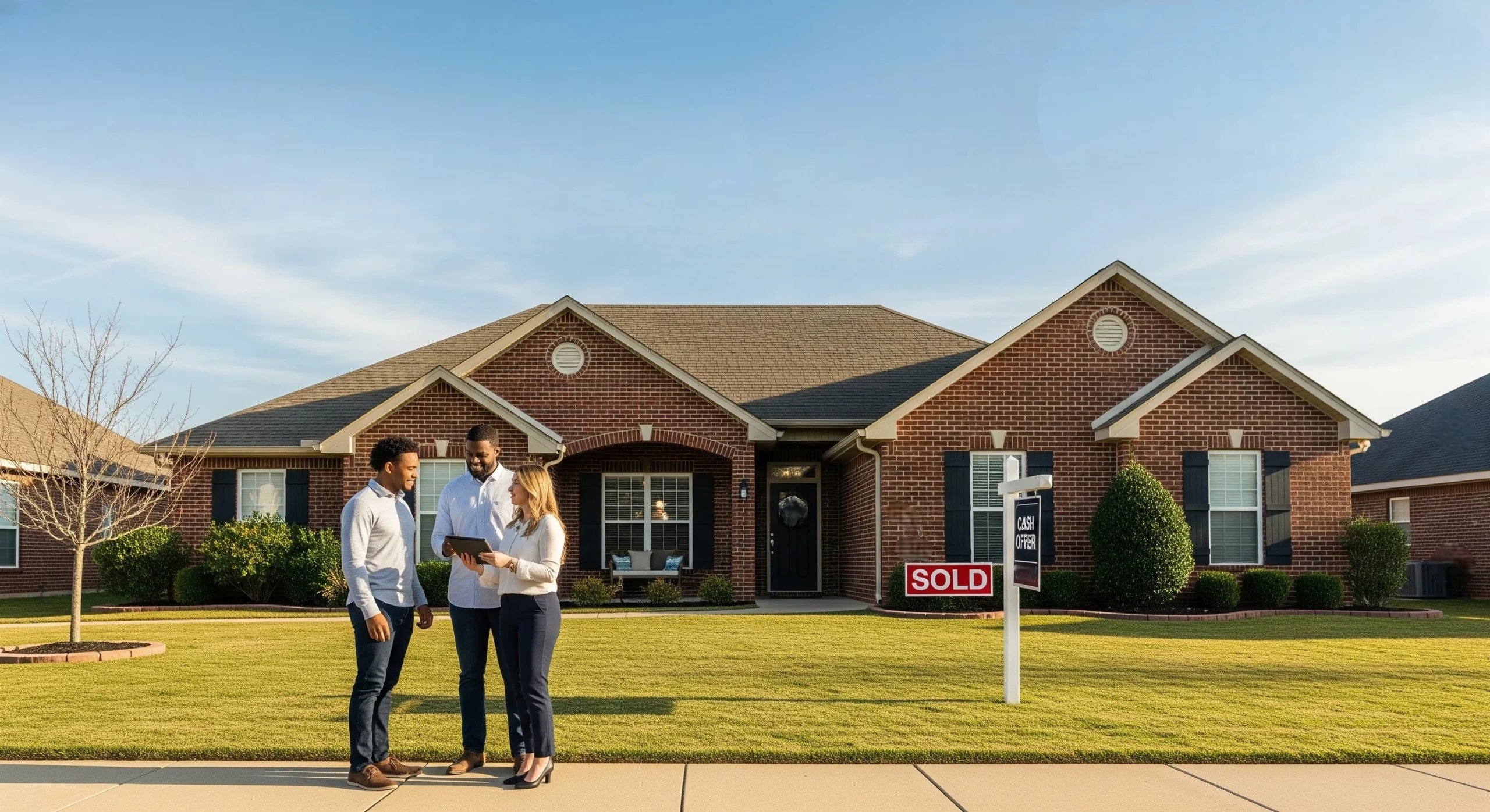 Huntsville homeowners reviewing a cash offer with a real estate agent in front of their house.