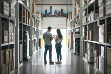 couple checking a moving checklist inside a clean climate-controlled storage facility