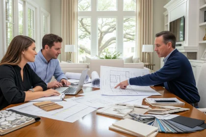 Homeowners reviewing plans with a custom builder at a table covered in blueprints and finish samples.