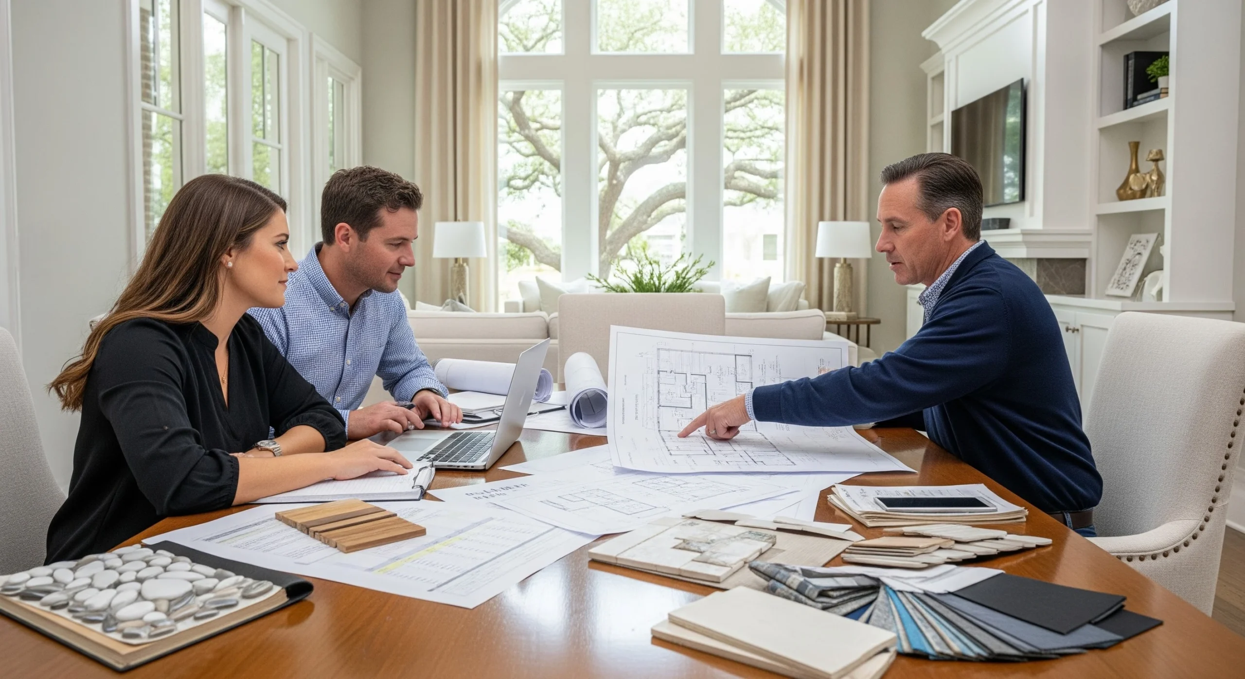 Homeowners reviewing plans with a custom builder at a table covered in blueprints and finish samples.