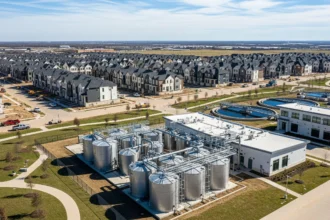 Aerial view of a North Texas master-planned community beside a compact modular wastewater treatment plant.