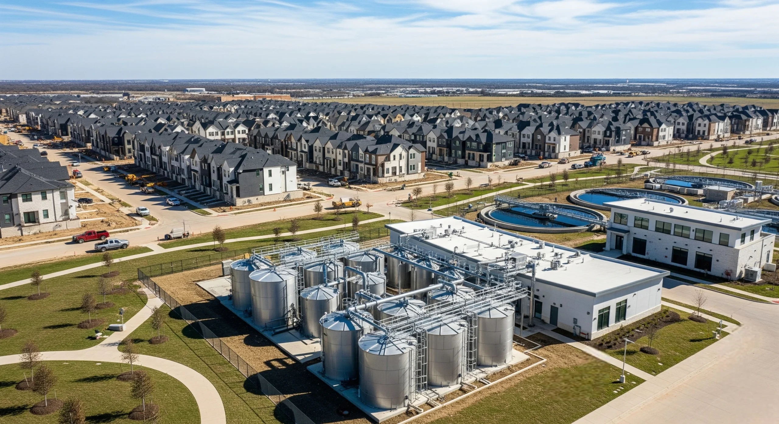 Aerial view of a North Texas master-planned community beside a compact modular wastewater treatment plant.