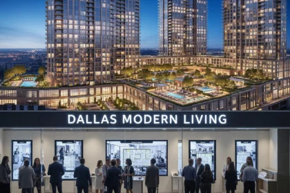 Photoreal 3D overlay of an off-plan Dallas development at twilight with skyline backdrop.