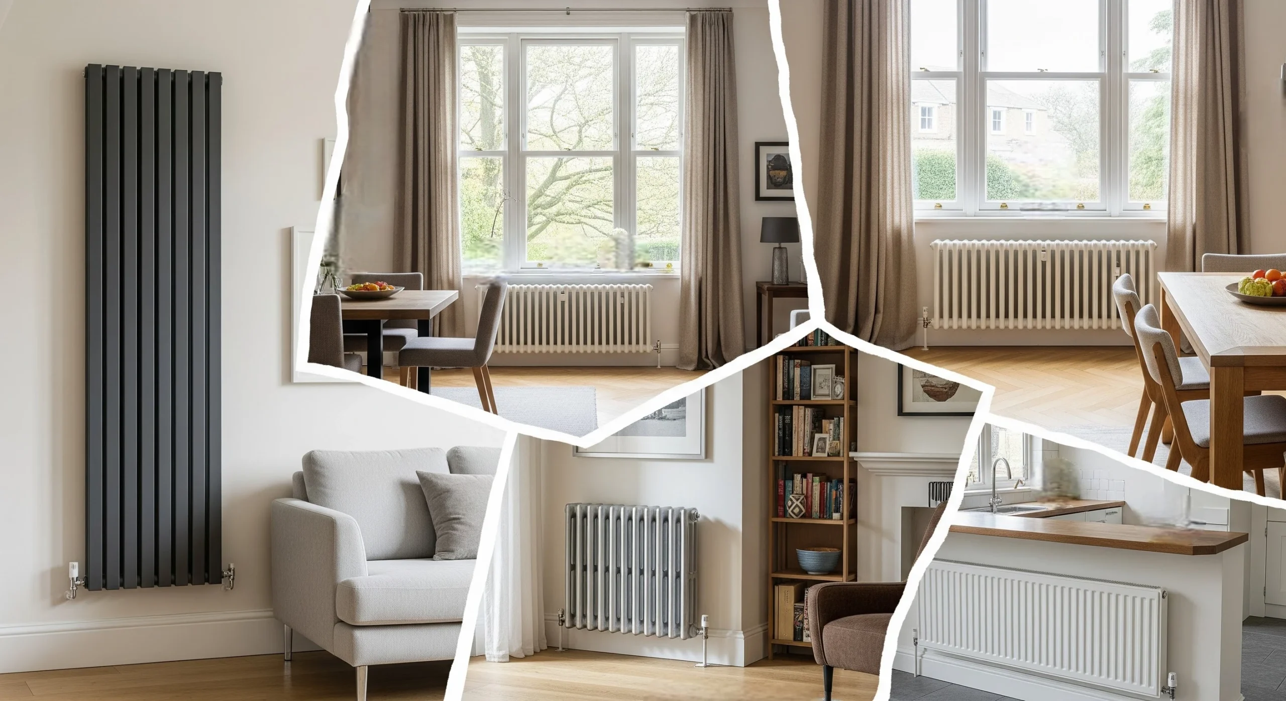 Open-plan living and dining area with radiators placed along key walls.
