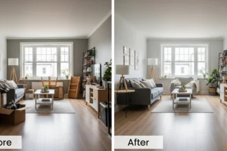 Before-and-after living room showing cluttered space versus open, staged layout.