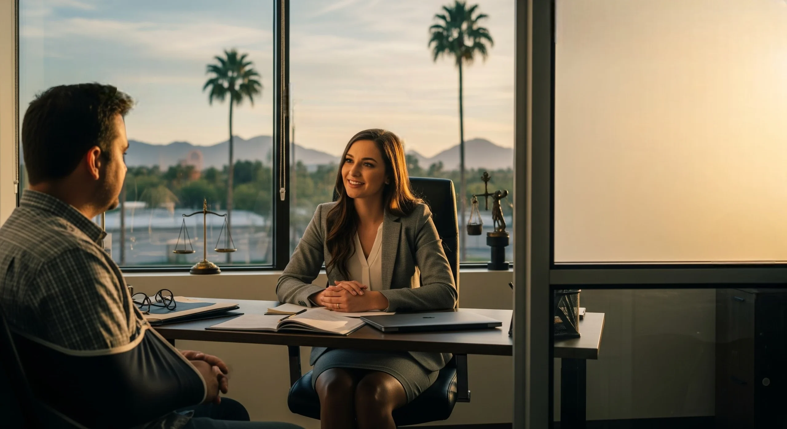 Attorney listening closely to an injured client during a consultation