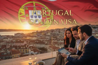 Aerial view of Portugal with investors meeting on a rooftop terrace at sunset.