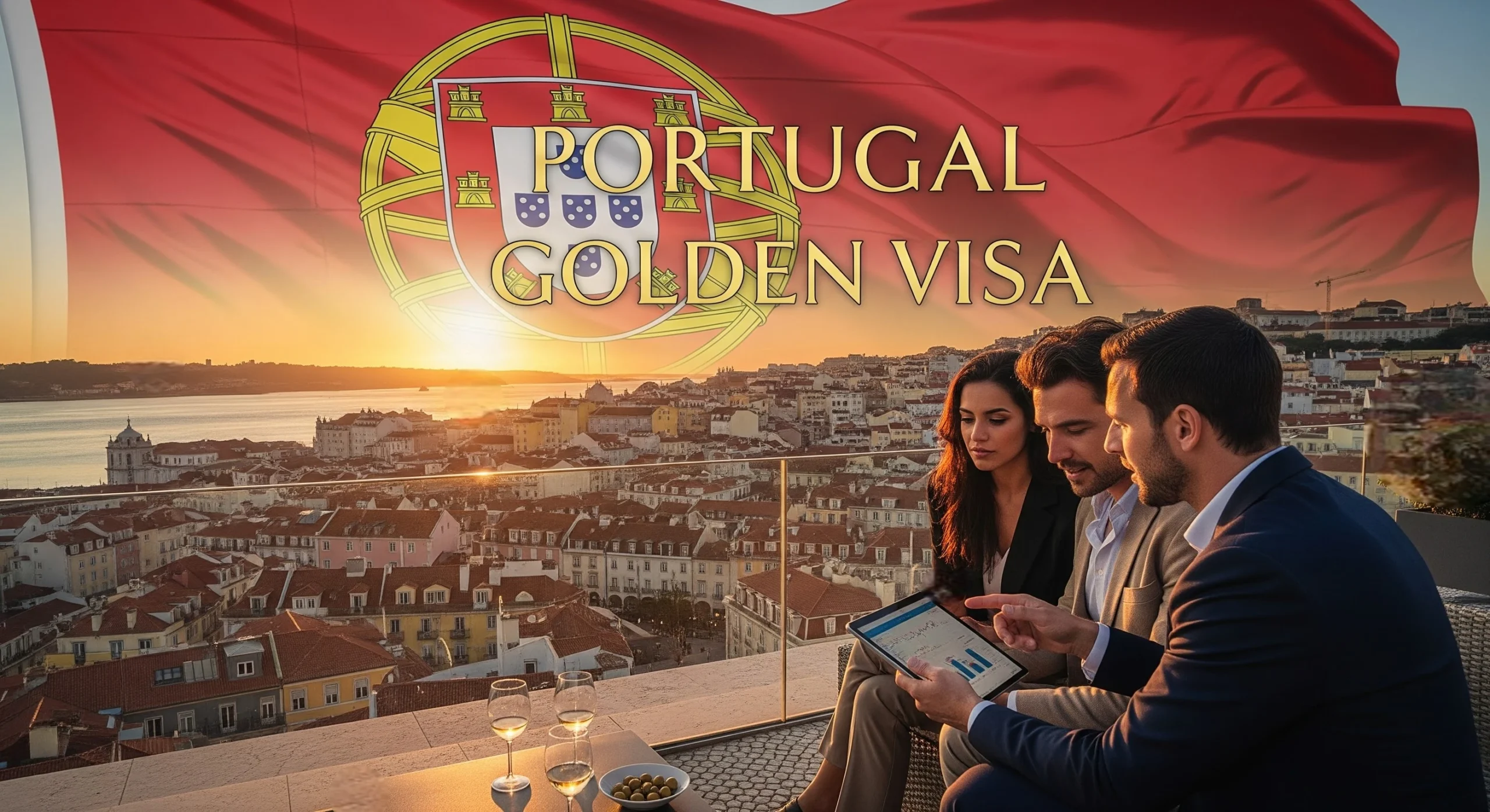 Aerial view of Portugal with investors meeting on a rooftop terrace at sunset.