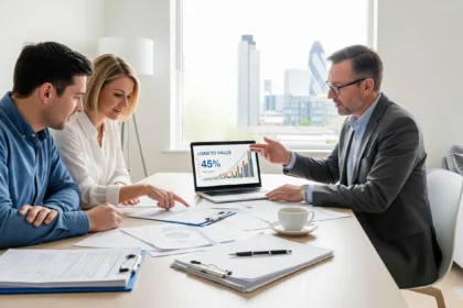 Couple reviewing a UK property valuation with a mortgage adviser at home