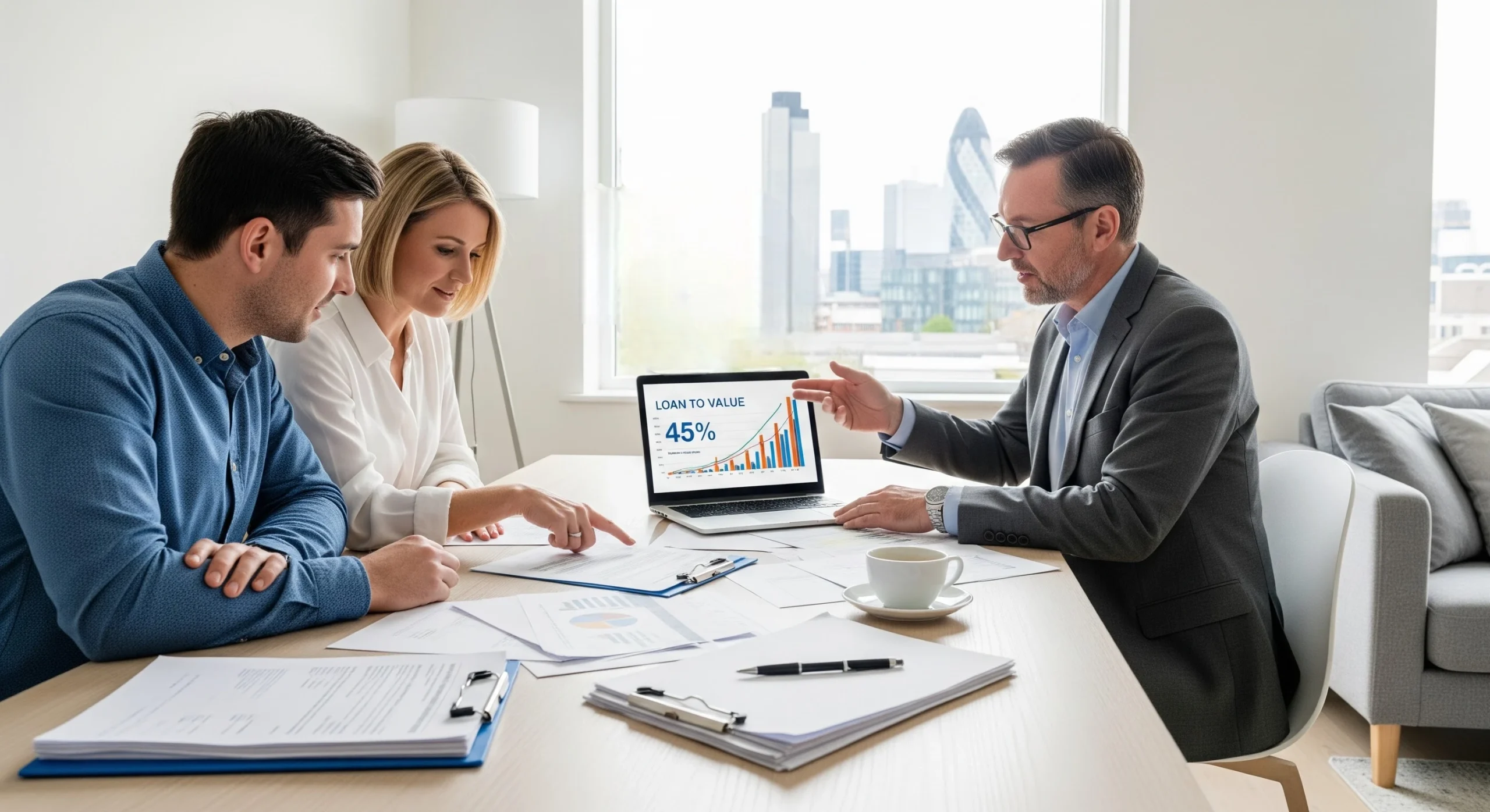 Couple reviewing a UK property valuation with a mortgage adviser at home