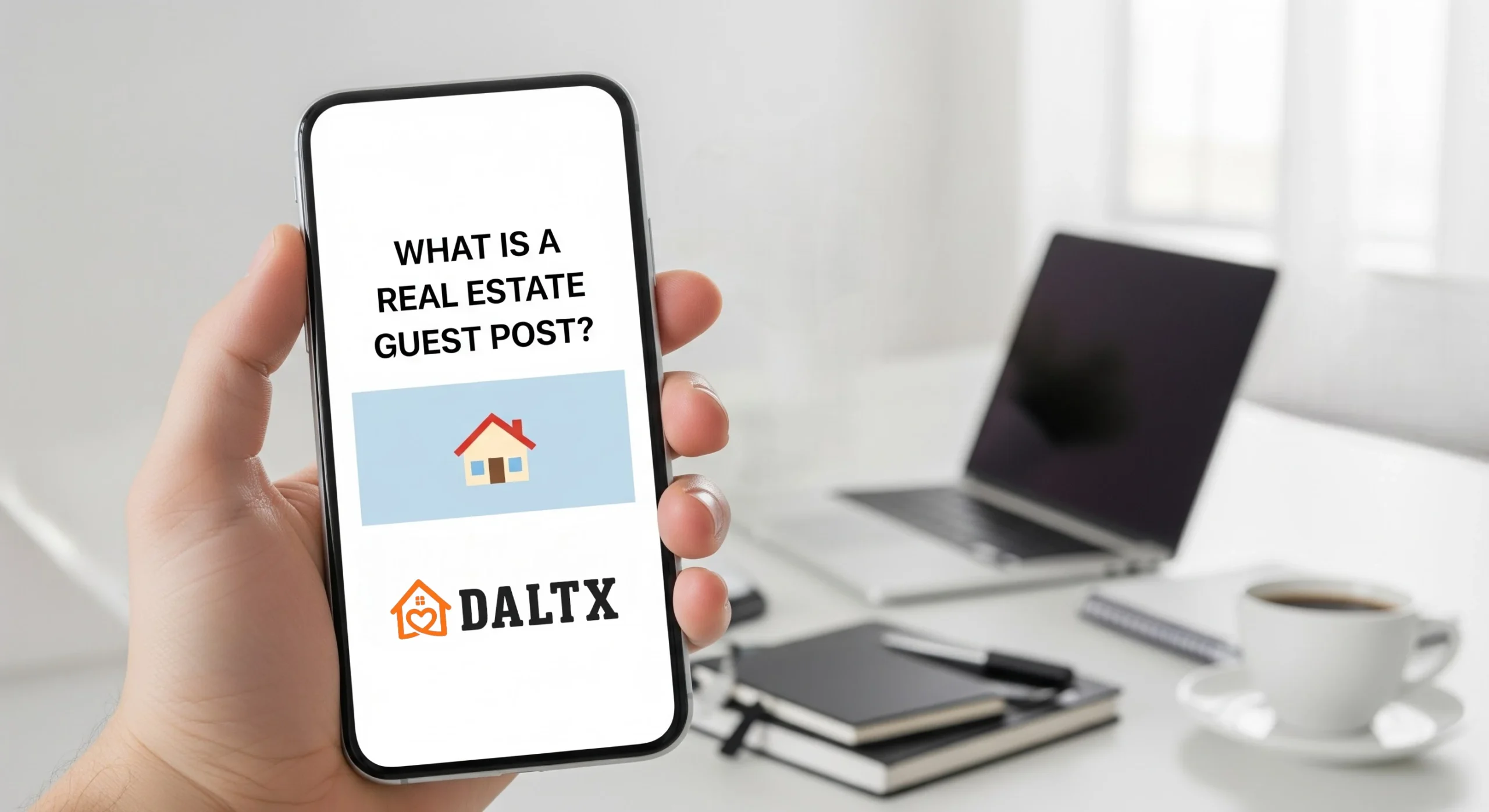 Smartphone screen displaying the question "What is a real estate guest post?" above the DALX logo