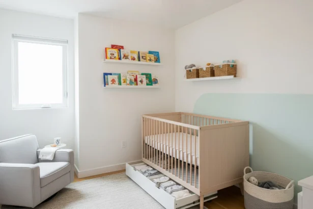 Small modern nursery with compact crib, cozy chair, and built-in storage in a bright Dallas home.