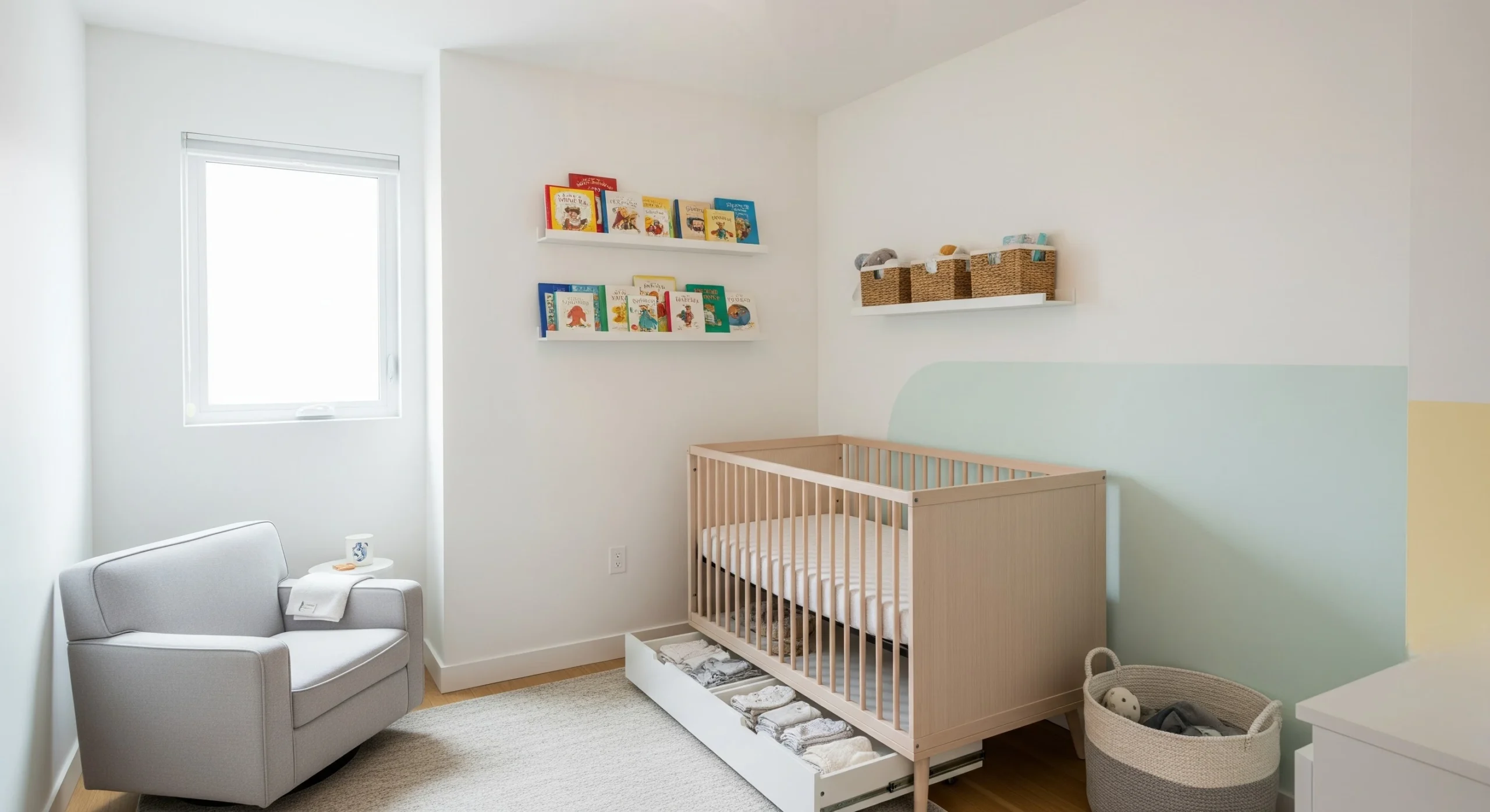 Small modern nursery with compact crib, cozy chair, and built-in storage in a bright Dallas home.