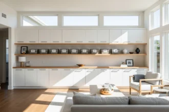 Organized modern living room with built-in storage and clutter-free shelving.