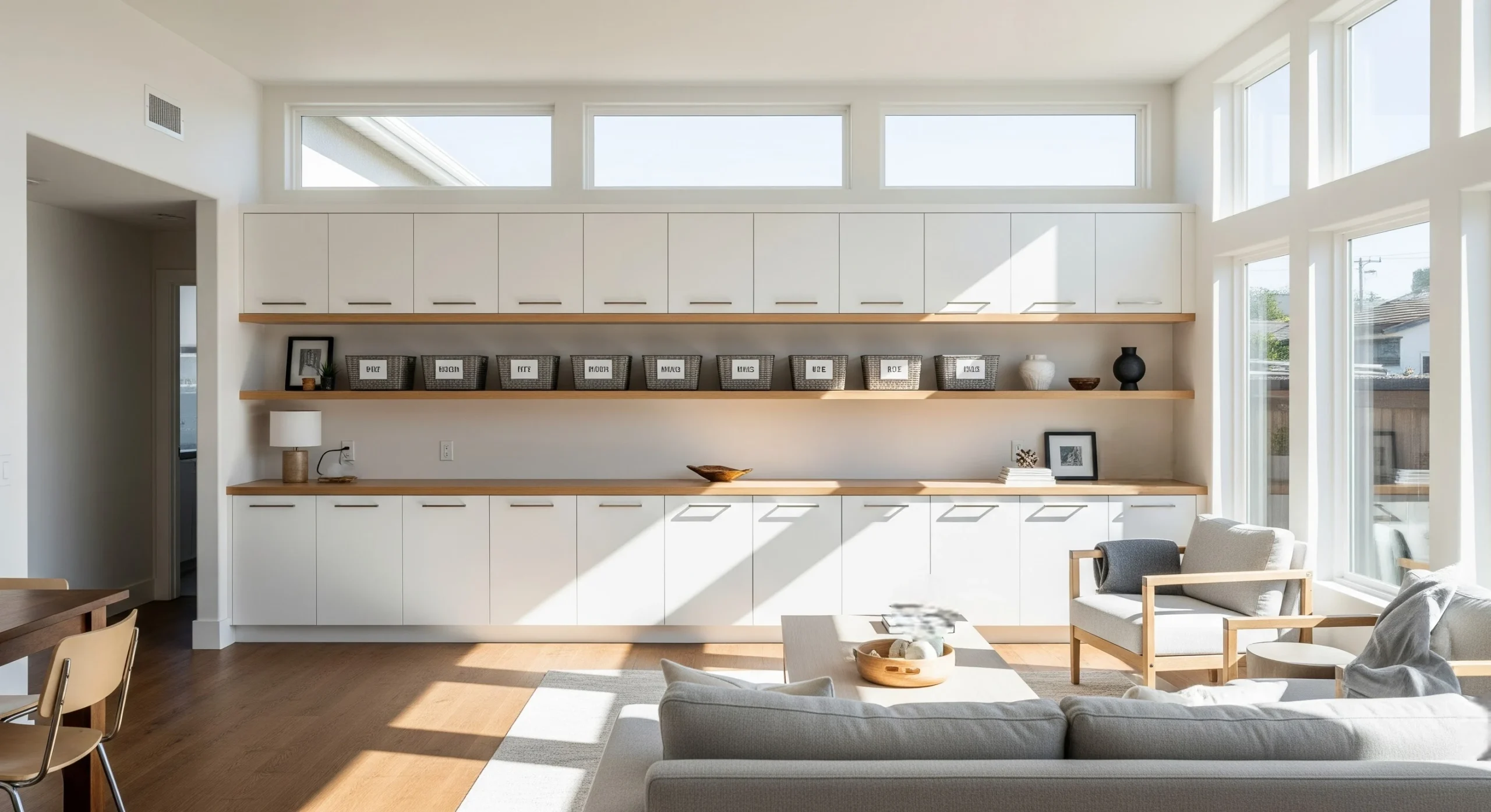 Organized modern living room with built-in storage and clutter-free shelving.