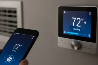 Smart thermostat and phone app controlling an efficient HVAC system in a modern home.