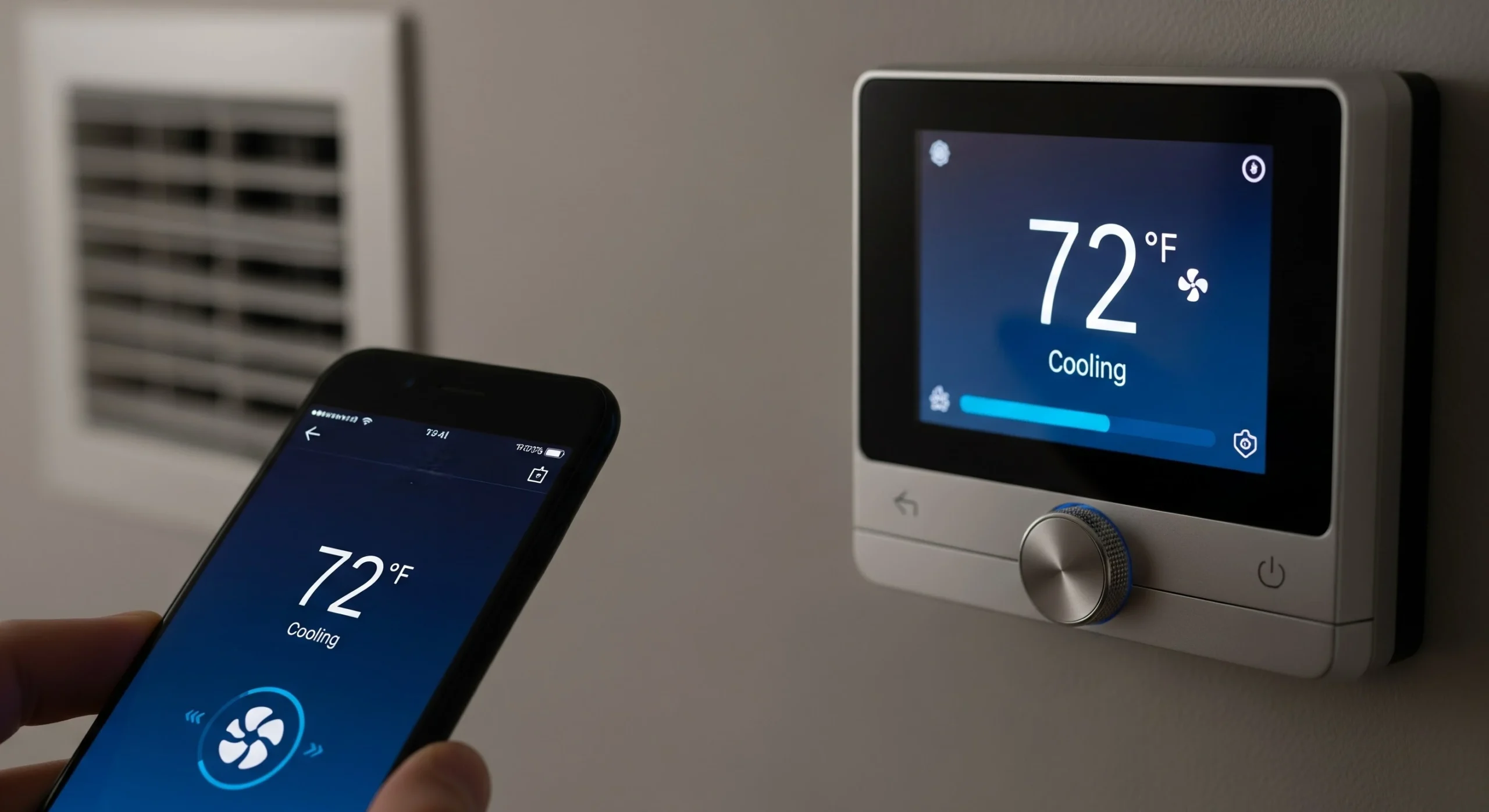 Smart thermostat and phone app controlling an efficient HVAC system in a modern home.