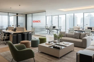 Modern open-plan office interior with lounge seating, workstations, and city skyline view