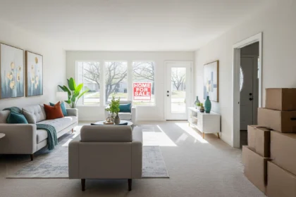 Staged Austin living room with moving boxes packed for temporary storage