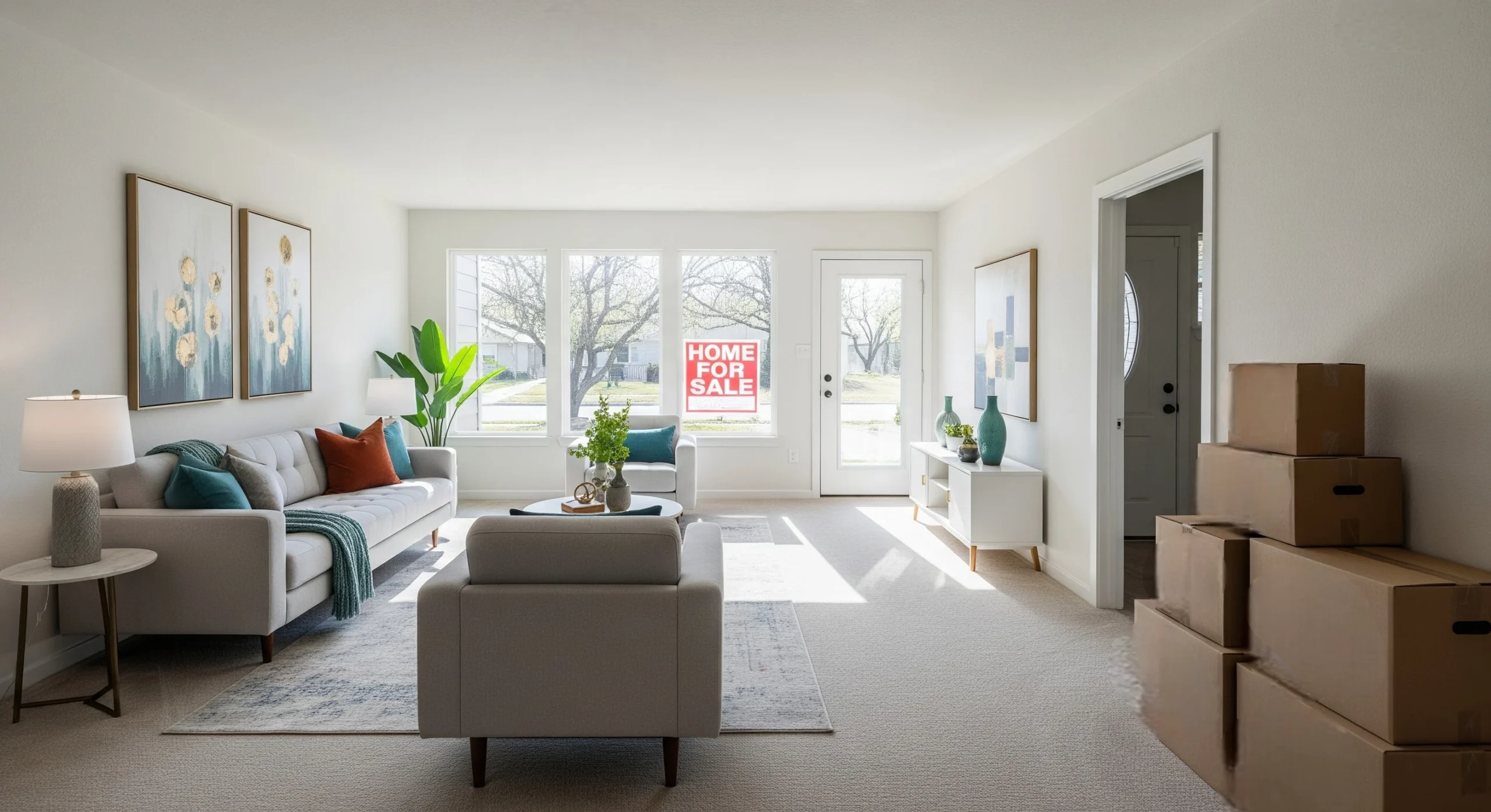 Staged Austin living room with moving boxes packed for temporary storage