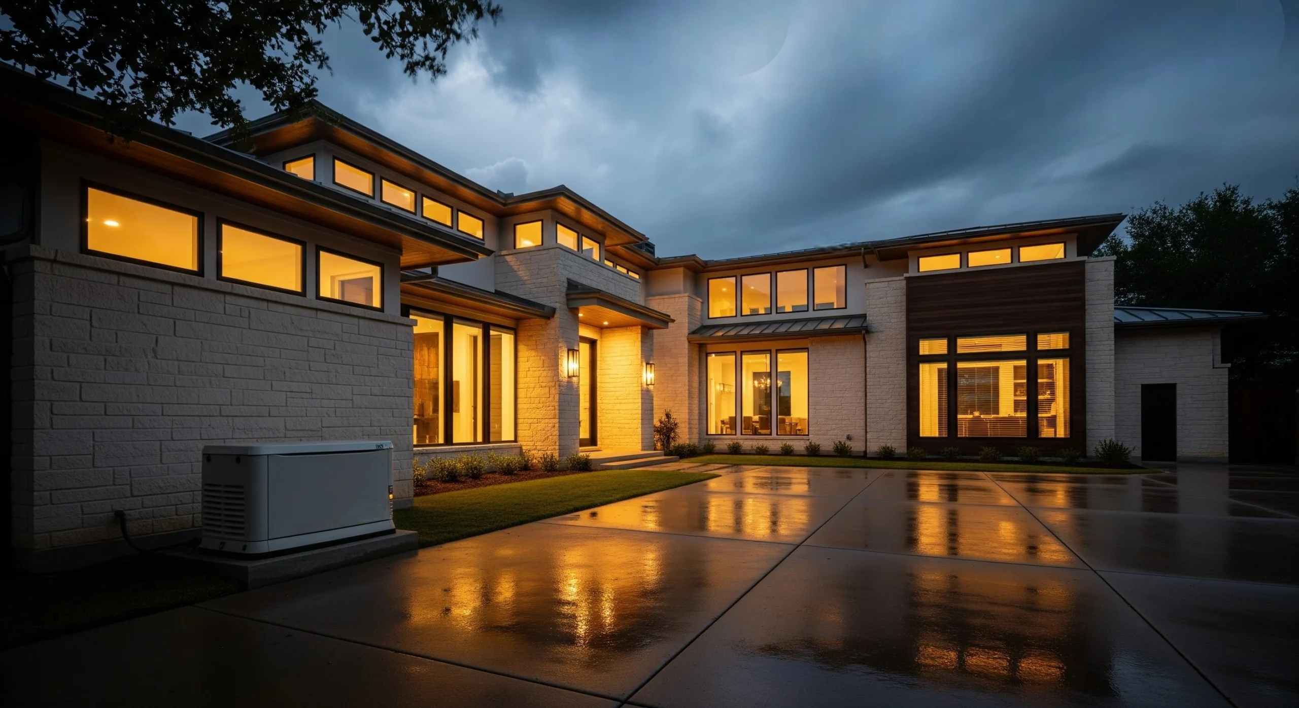 A home at dusk with a standby generator running outside during a power outage