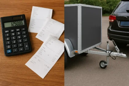 Calculator and receipts beside a hitched cargo trailer