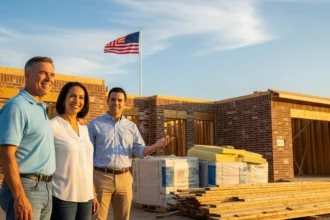 Veteran couple and loan officer standing at a Houston construction site discussing a VA One-Time Close home loan