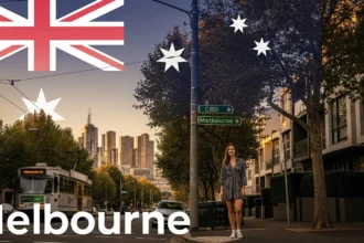 Walkable Melbourne street with tram access, cafés, and bike lanes
