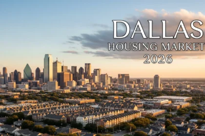 Aerial view of Dallas skyline with surrounding neighborhoods at sunset.