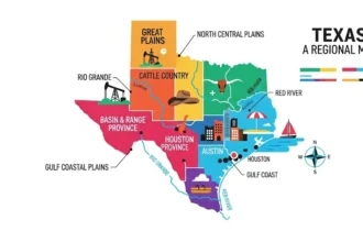 Regional map of Texas showing labeled geographic zones with icons for terrain, rivers, and major cities