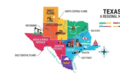 Regional map of Texas showing labeled geographic zones with icons for terrain, rivers, and major cities