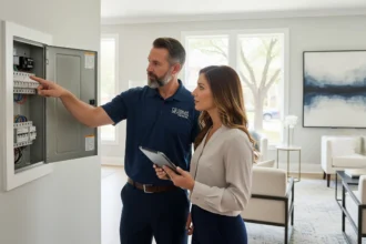Level 2 electrician and real estate agent reviewing an upgraded electrical panel in a staged Dallas home.