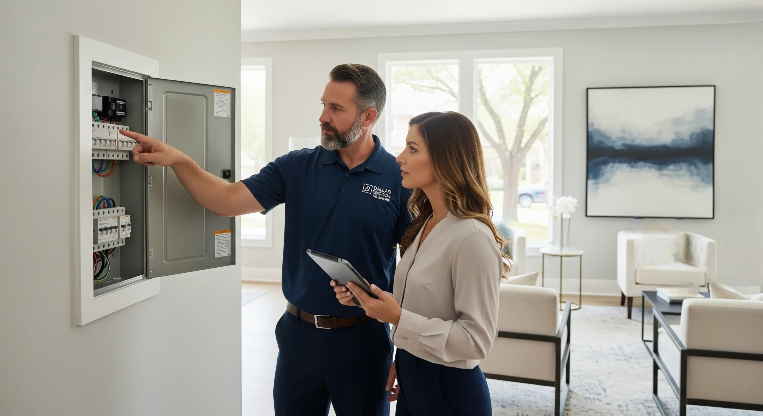 Level 2 electrician and real estate agent reviewing an upgraded electrical panel in a staged Dallas home.